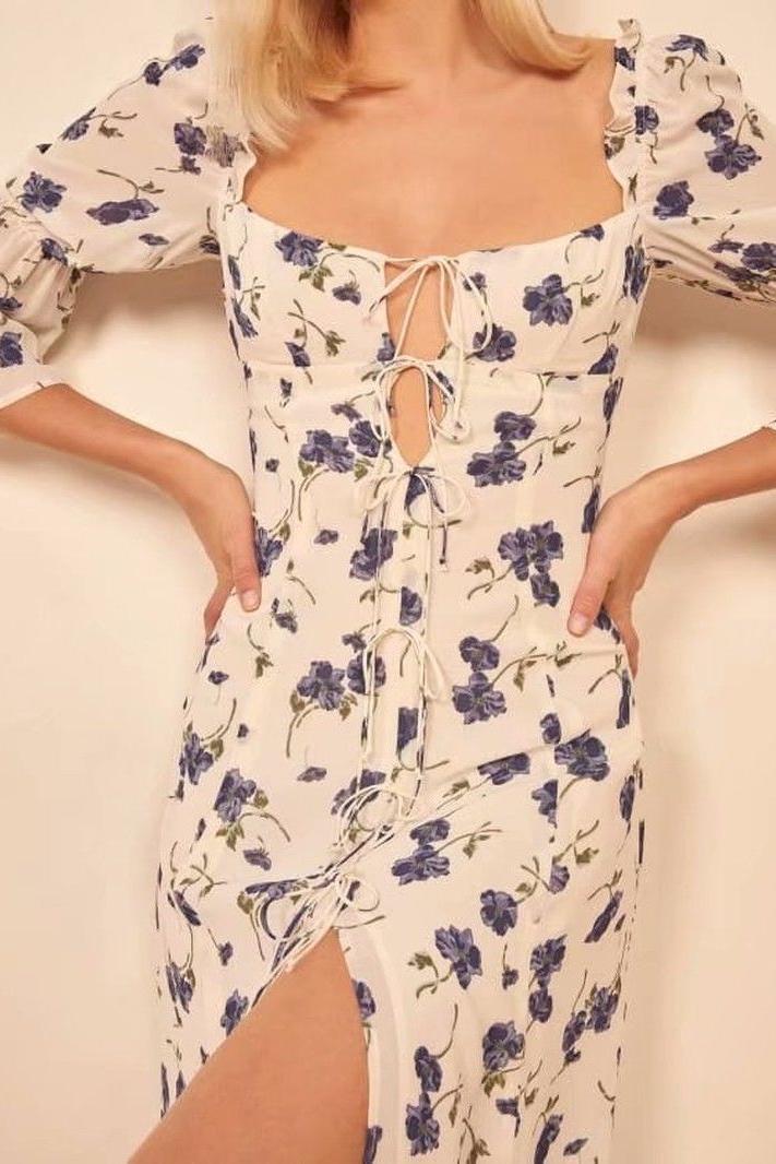 Square Collar Lace Up Slit Midi Dress