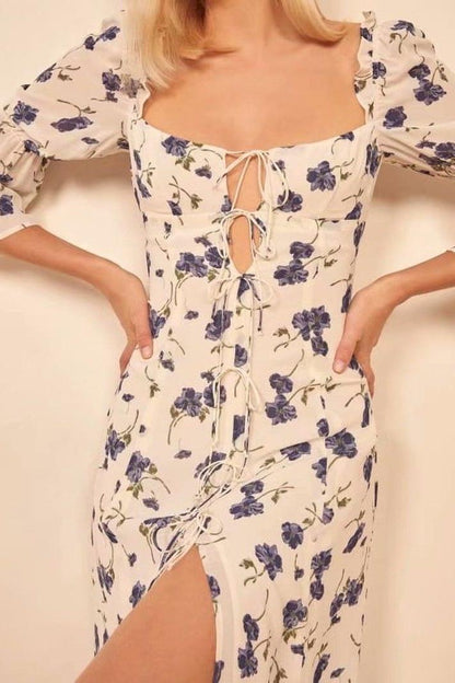Square Collar Lace Up Slit Midi Dress