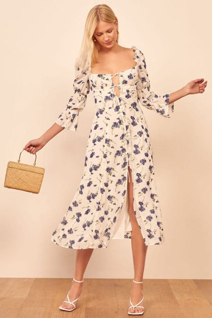 Square Collar Lace Up Slit Midi Dress