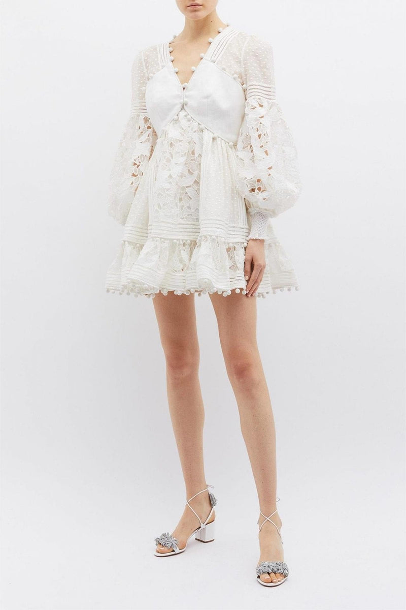 Lantern Sleeve V-neck Lace Mini Dress White