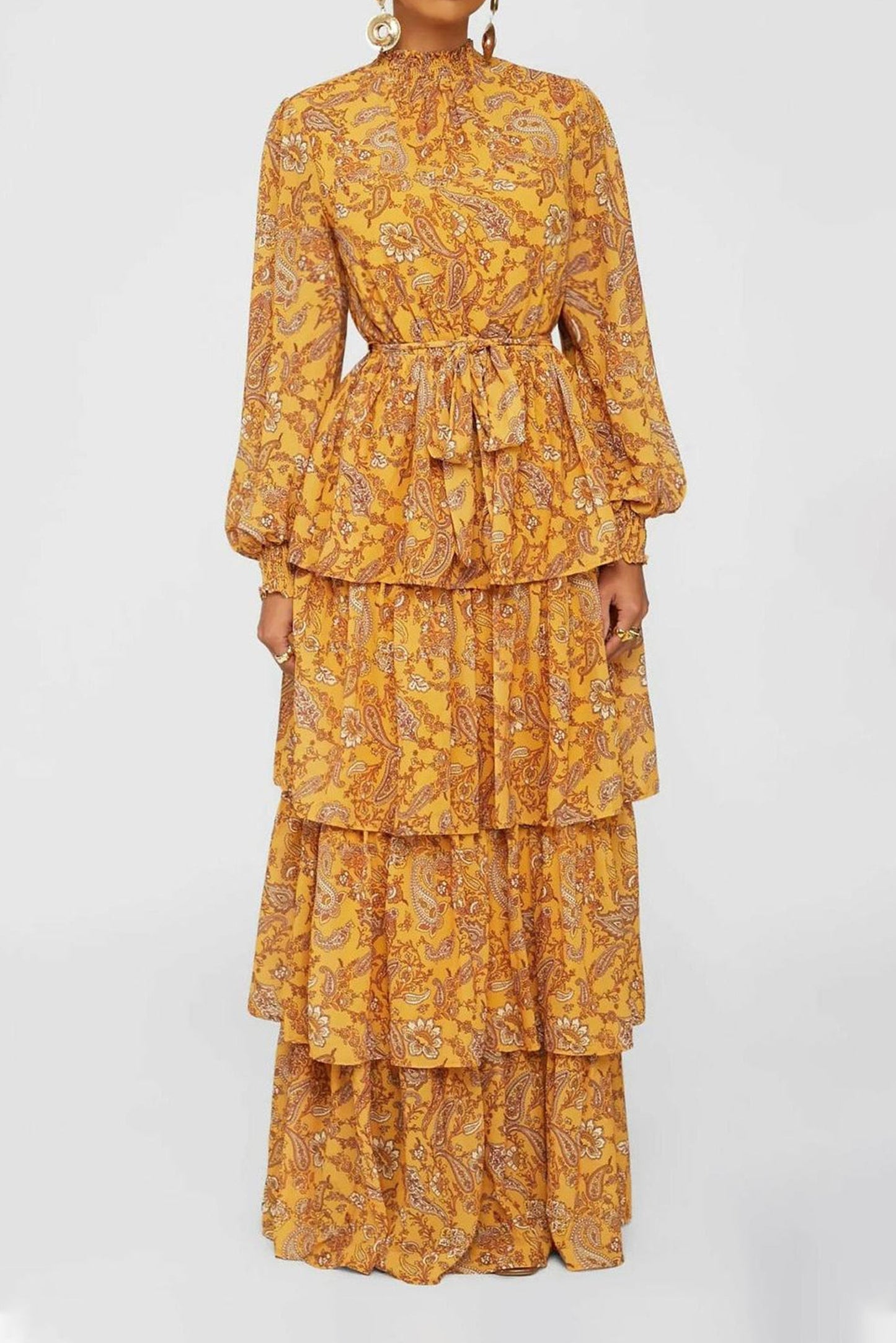 Lantern Sleeve Stand Collar Belted Tiered Ruffle Trim Maxi Dress