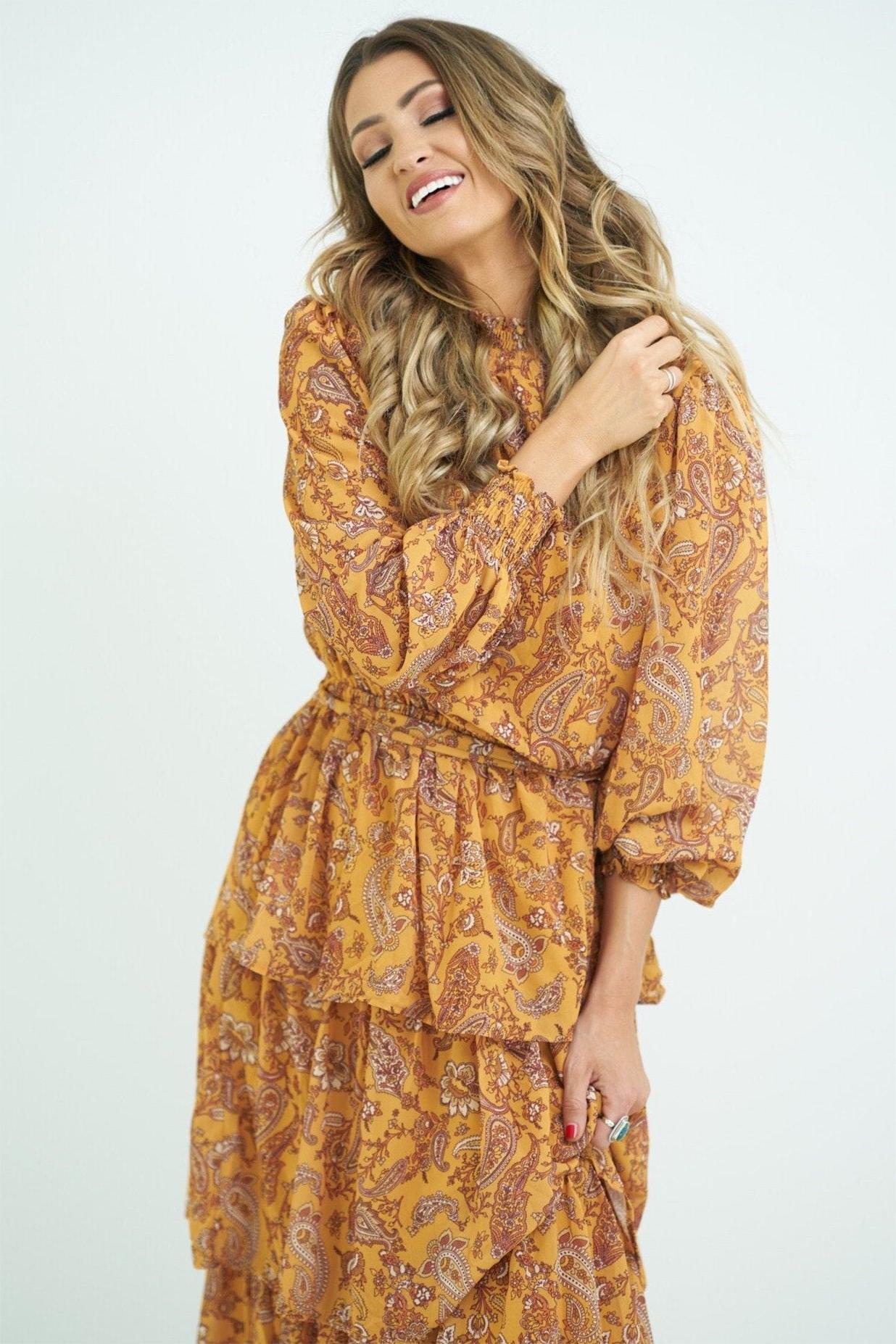 Lantern Sleeve Stand Collar Belted Tiered Ruffle Trim Maxi Dress