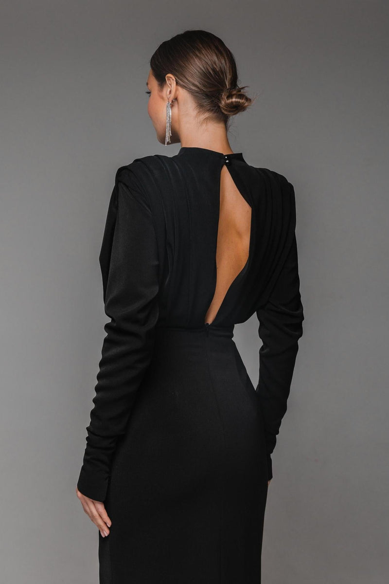 Stand Collar Long Sleeve Pleated Waist Split Maxi Dress