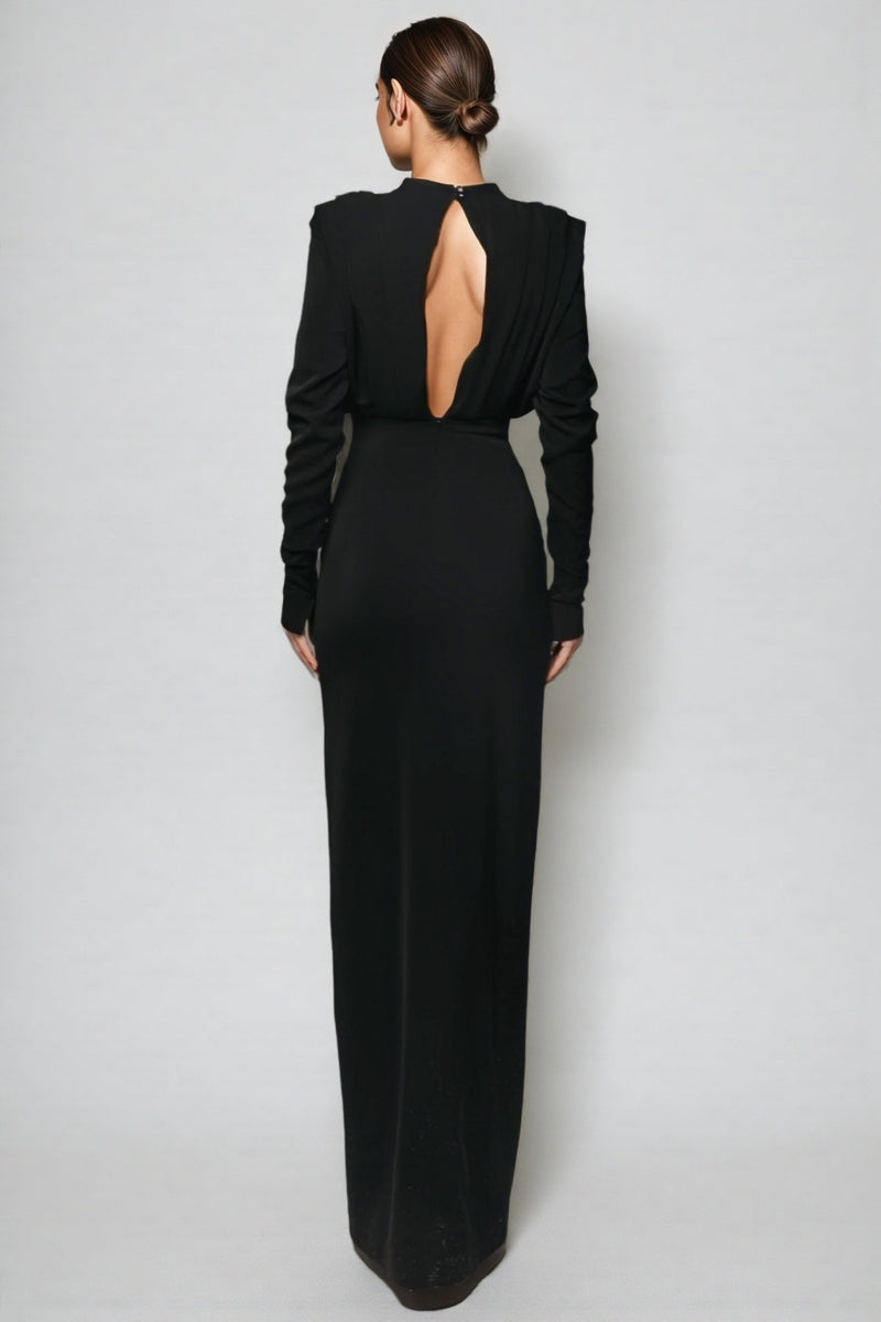 Irene High Neck Slit Maxi Dress-black