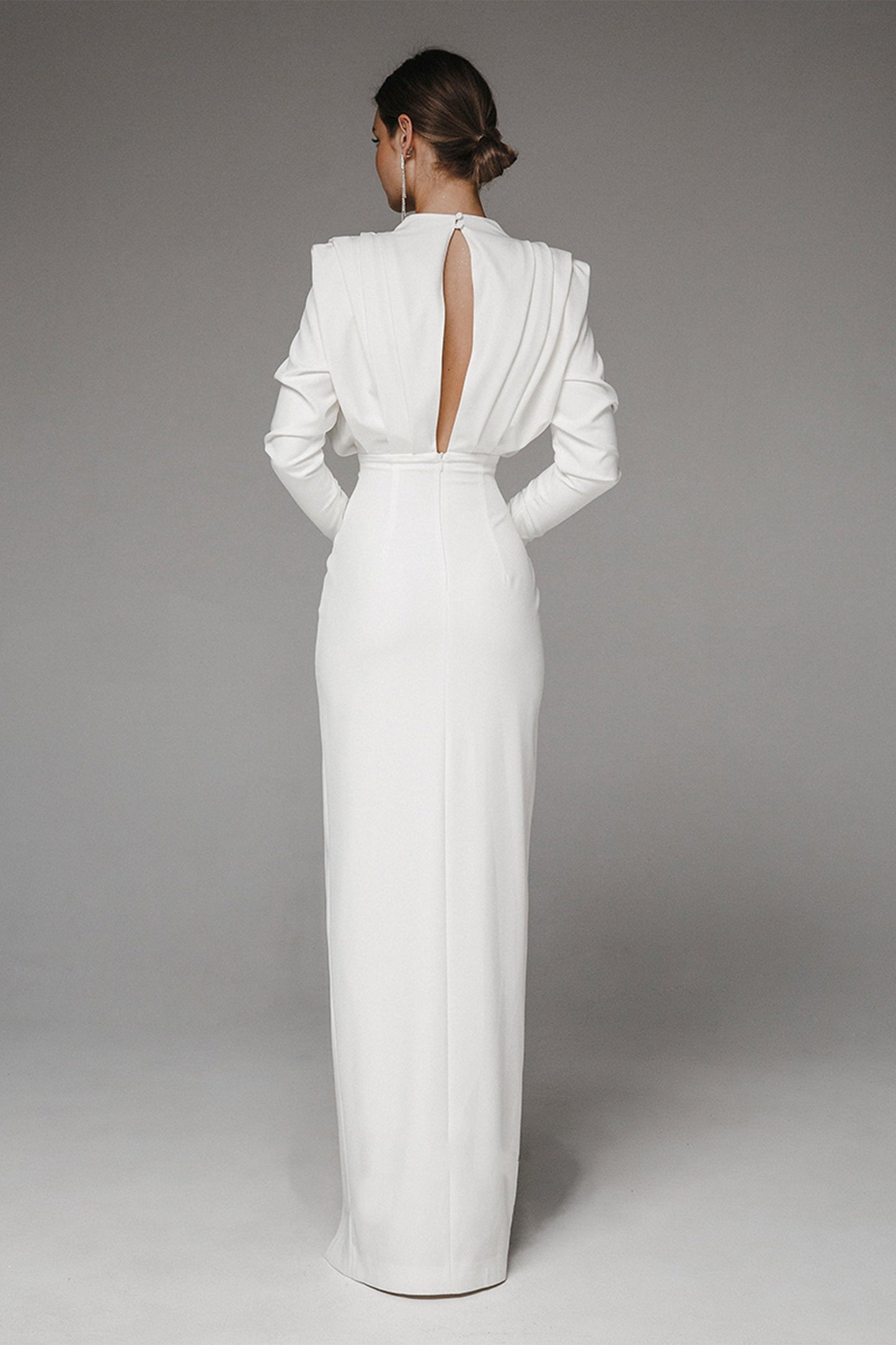 Stand Collar Long Sleeve Pleated Waist Split Maxi Dress