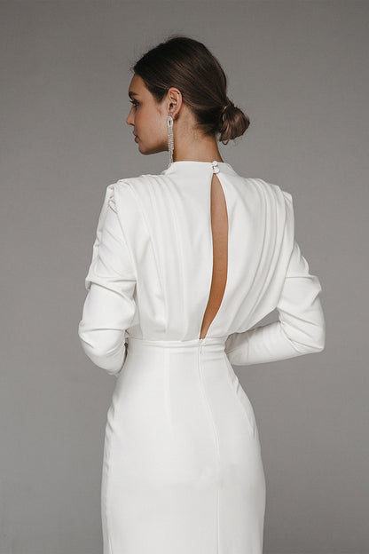 Stand Collar Long Sleeve Pleated Waist Split Maxi Dress