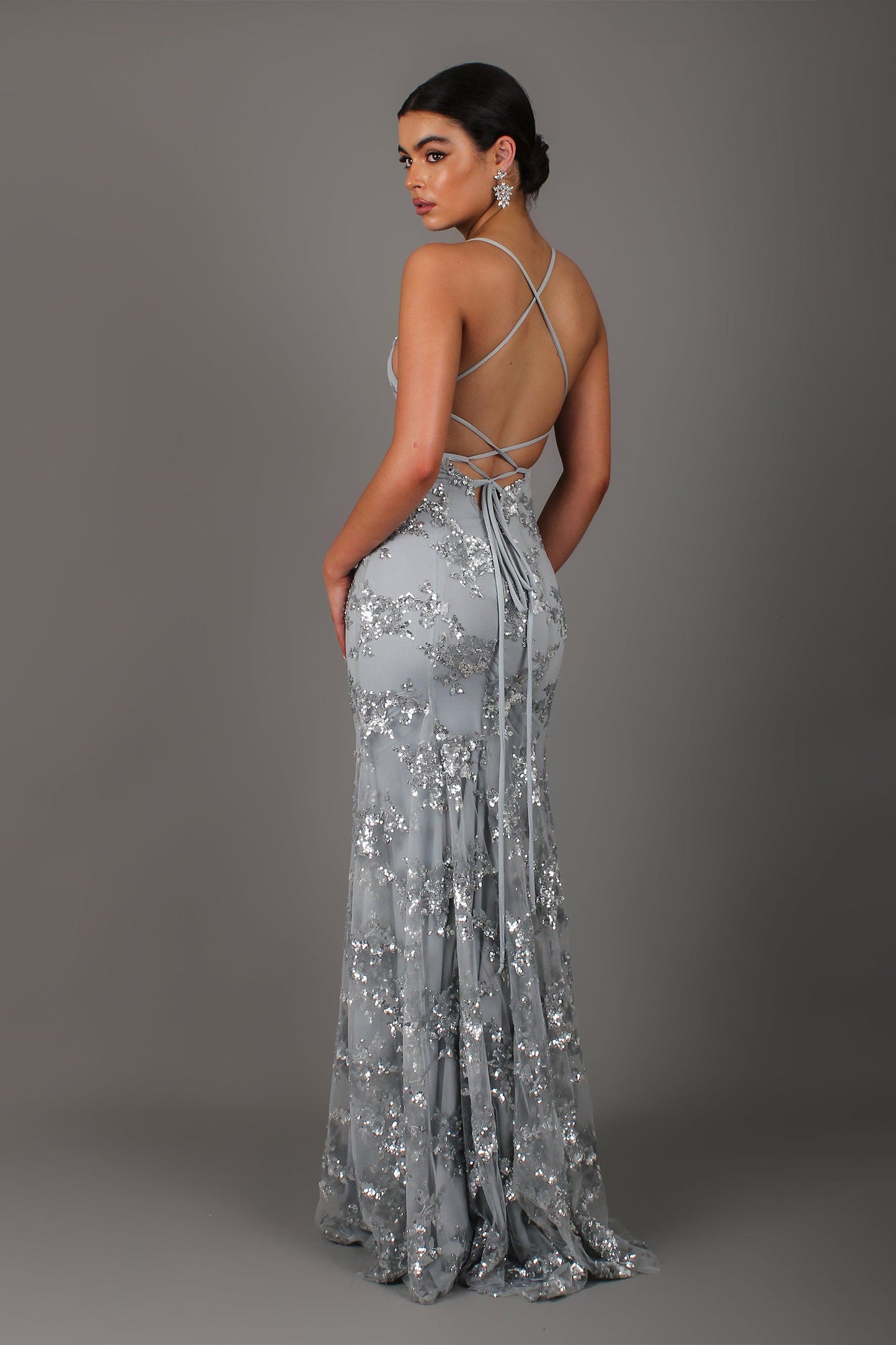 Sequin V-neck Backless Maxi Dress Grey