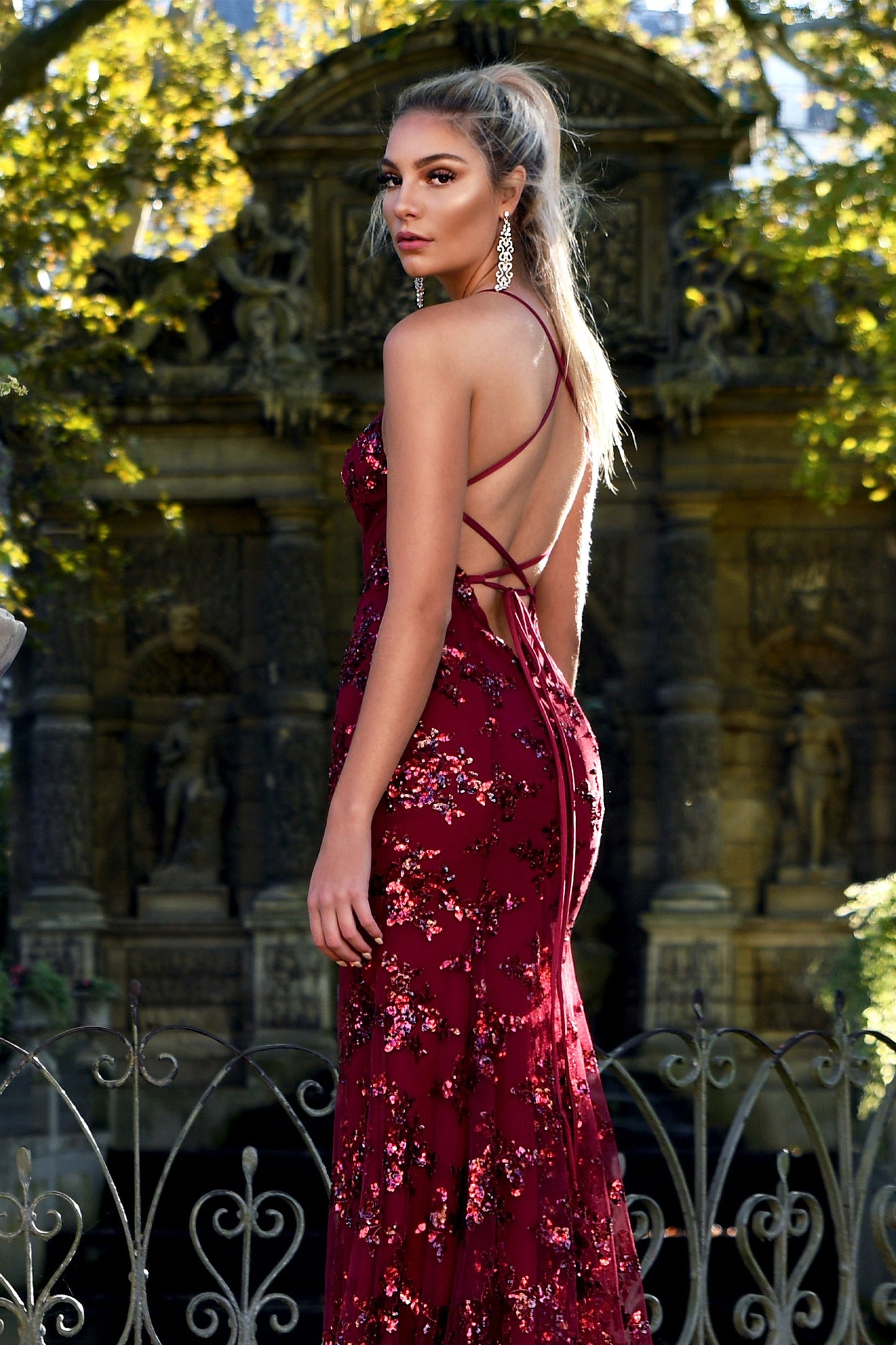 Sequin V-neck Backless Maxi Dress Red