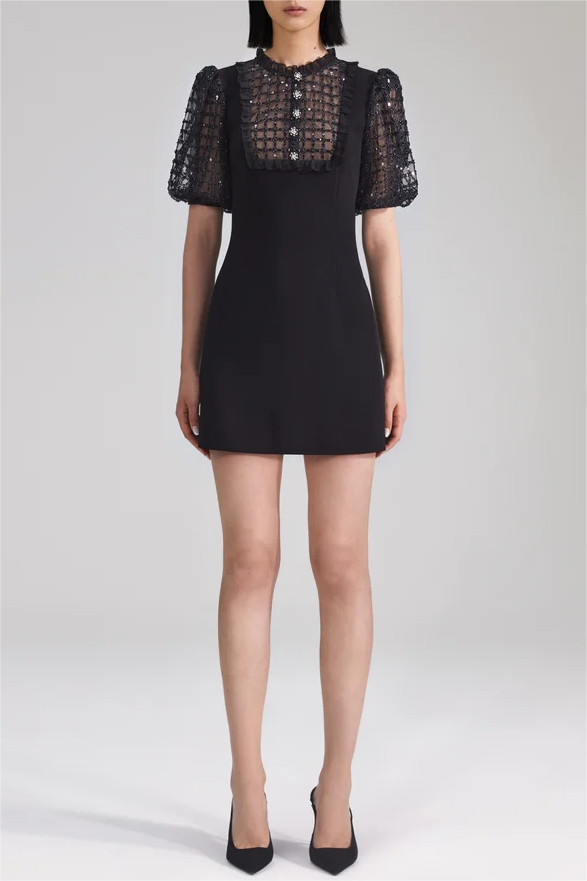 Sequin Crepe Puff Sleeve Mini Dress Black