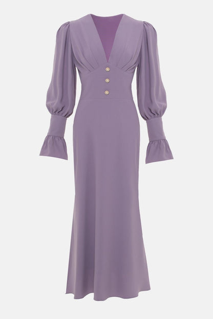 V-neck Lantern Sleeve Midi Dress