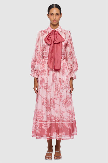 Lantern Sleeve Midi Dress With Belt