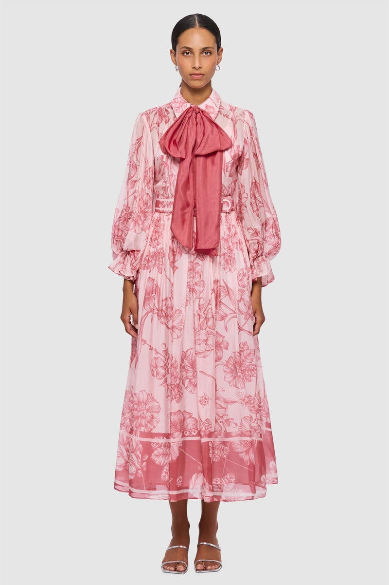 Lantern Sleeve Midi Dress With Belt