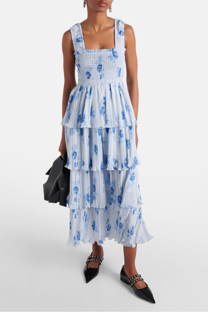 Off-shoulder Frill Smocking Midi Dress