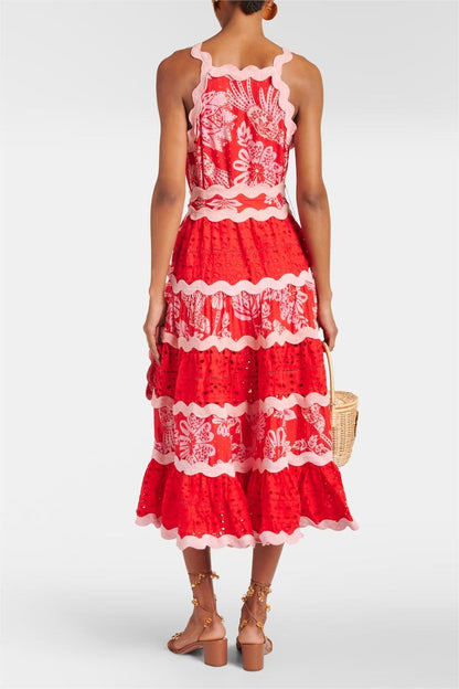 Lace Wavy Line Midi Dress With Belt