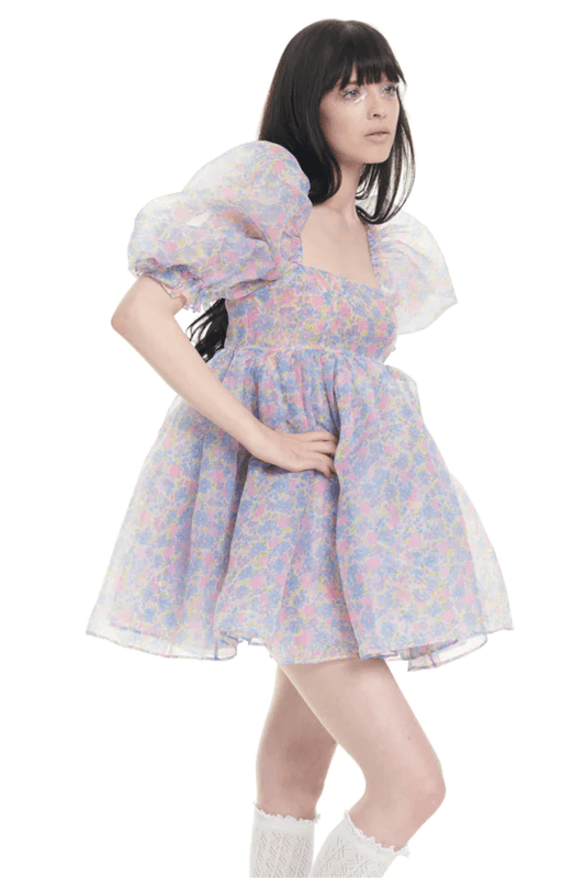 Square Collar Puff Sleeve Mini Dress