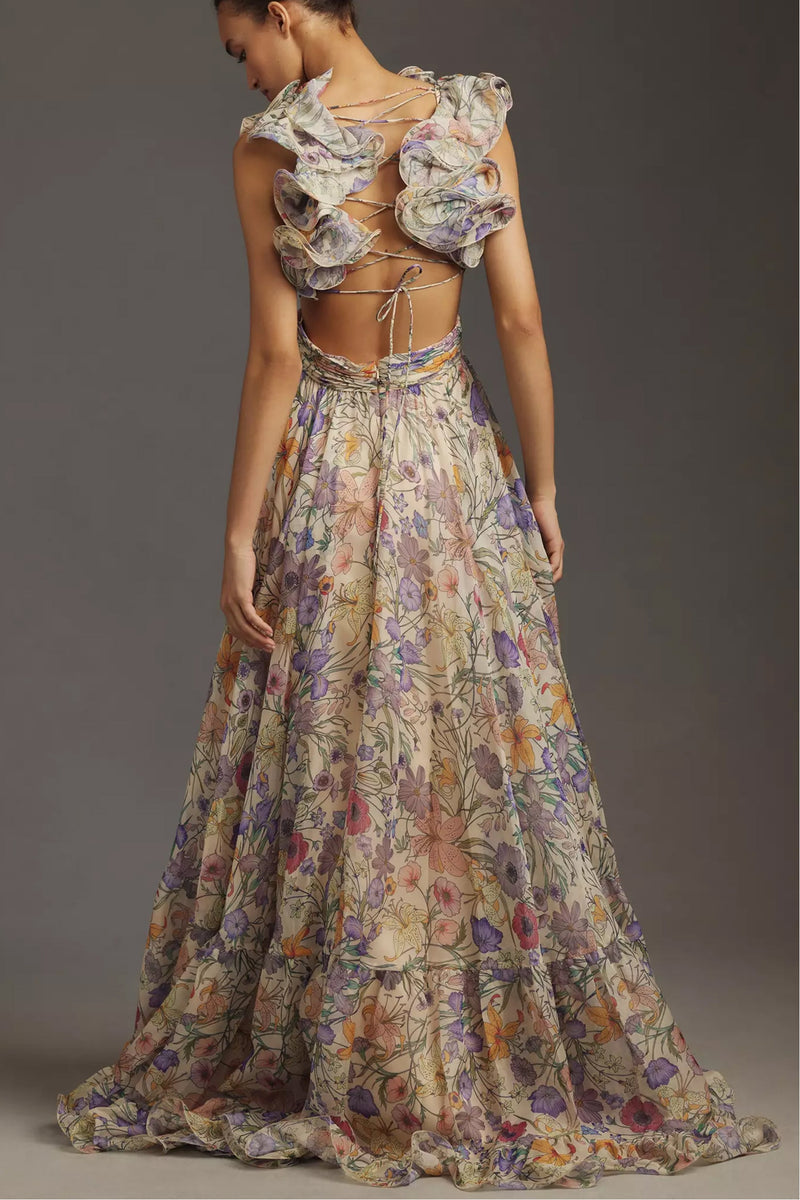 Pleated Backless Lace Up Maxi Dress