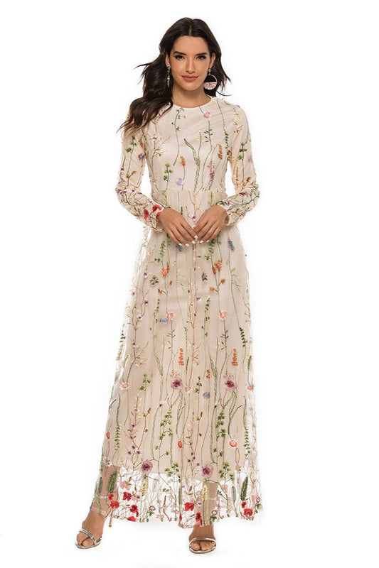 Embroidered Round Neck Long Sleeve Maxi Dress