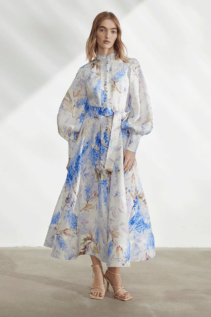 Button Lantern Sleeve Midi Dress