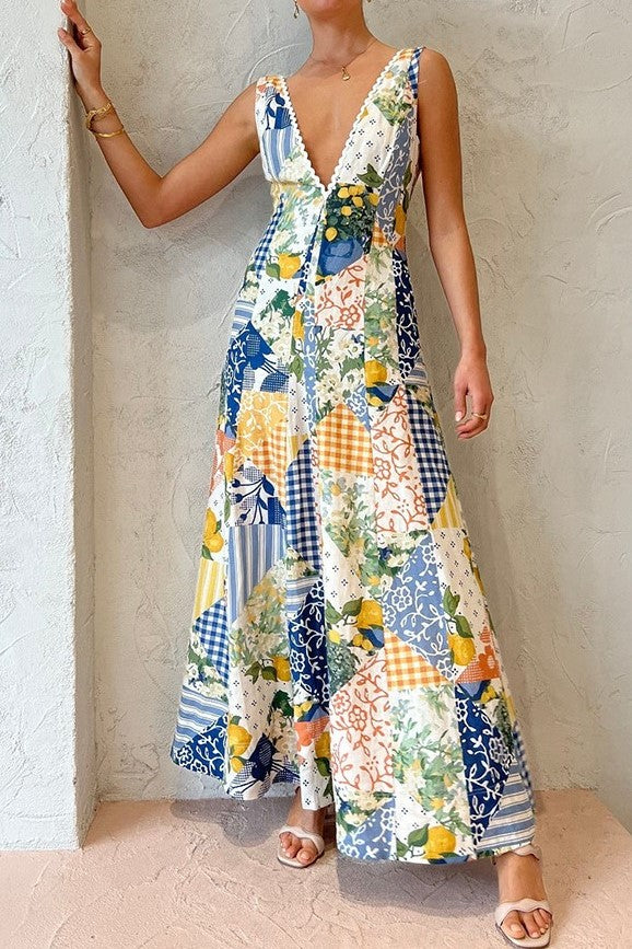 V-neck Sleeveless Splicing Maxi Dress