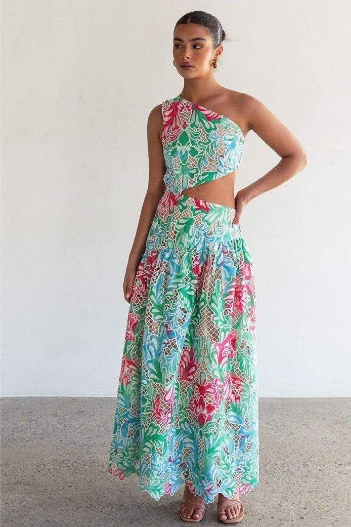 Botanical Print One Shoulder Frill Midi Dress