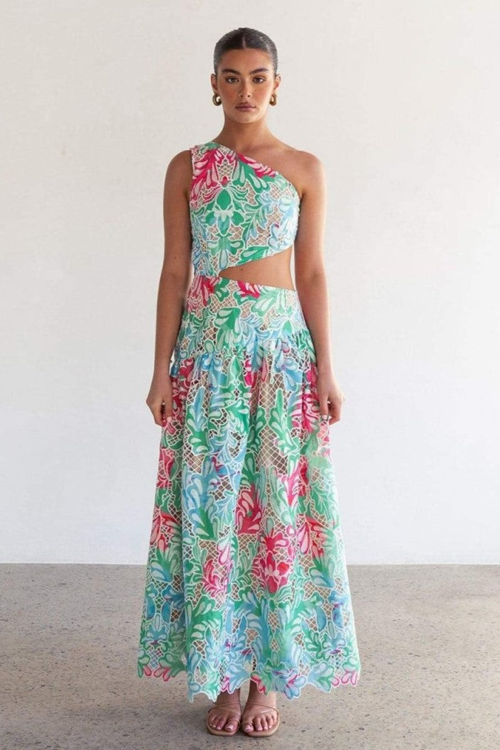 Botanical Print One Shoulder Frill Midi Dress