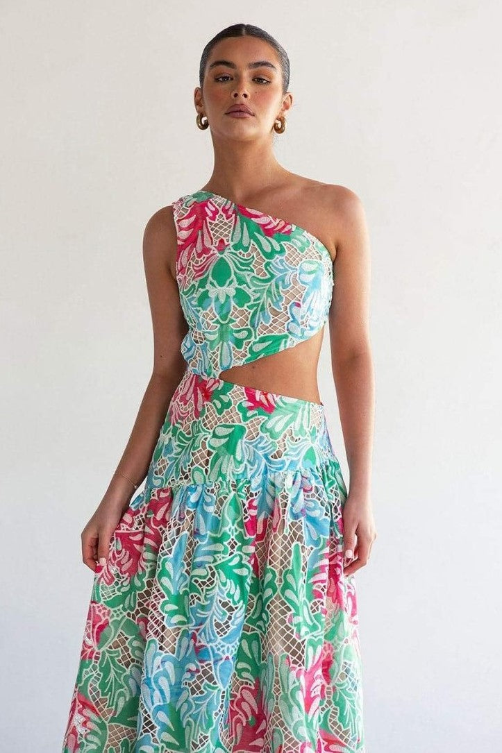 Botanical Print One Shoulder Frill Midi Dress