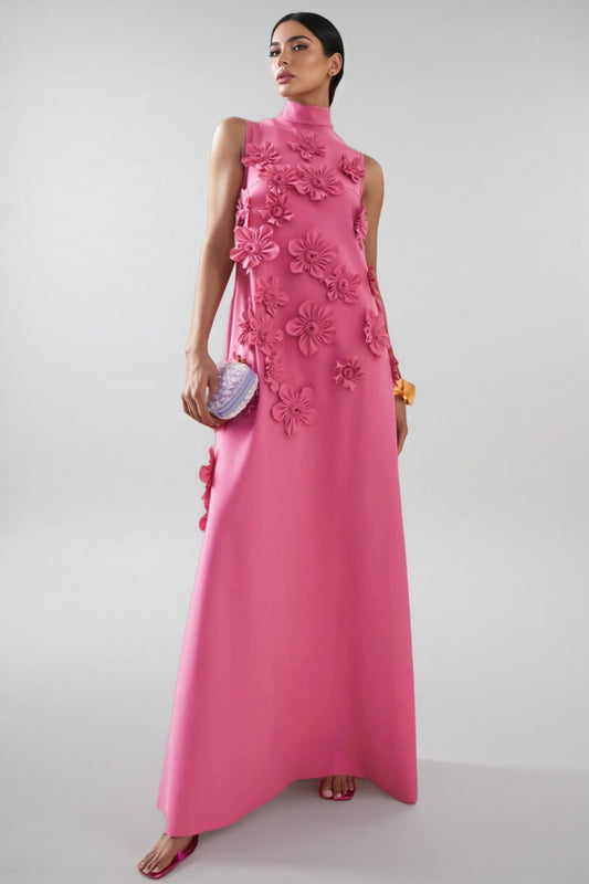 Eliza 3d High Neck Sleeveless Maxi Dress-pink