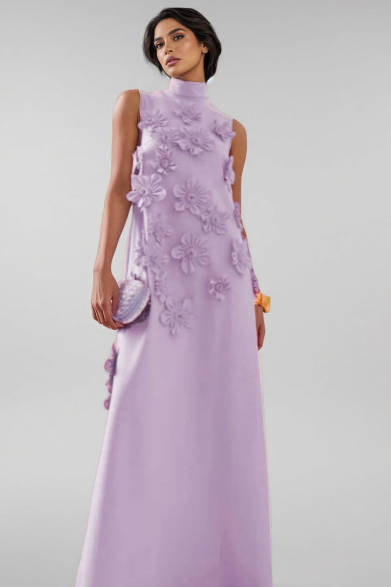 Celina 3d High Neck Sleeveless Maxi Dress-purple
