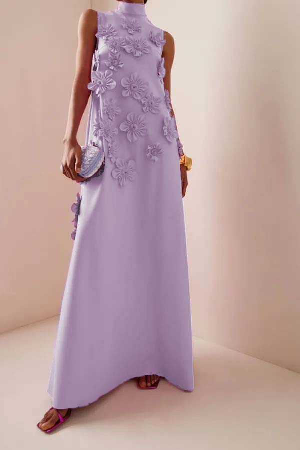3d High Neck Sleeveless Maxi Dress Purple