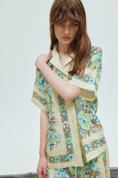 Shirt Collar Mid Sleeve Top & High Waist Wide-legged Pants Set