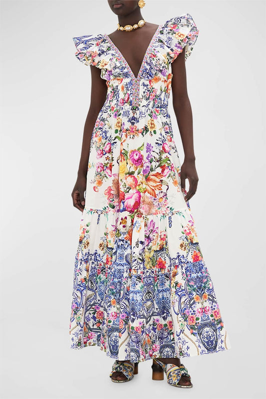 Frill V-neck Sleeveless Smocking Maxi Dress