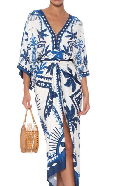 Paisley Print Lace Up Long Sleeve Midi Dress