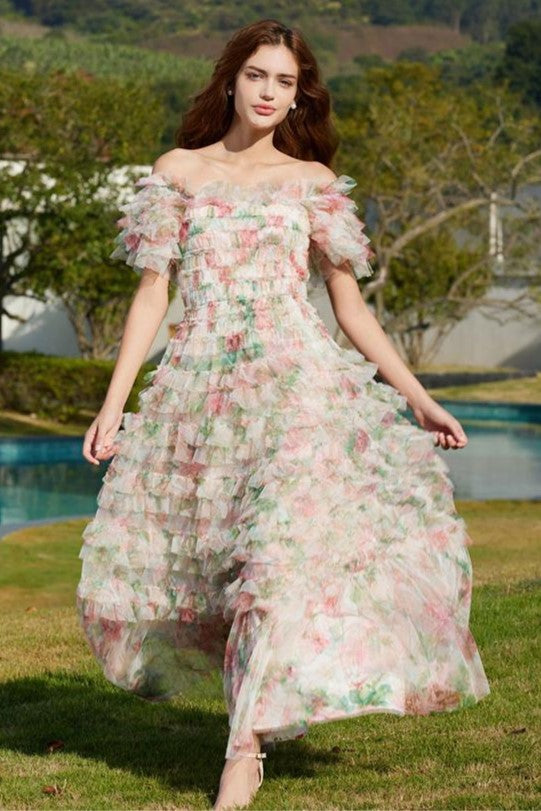 Frill Off-shoulder Midi Dress