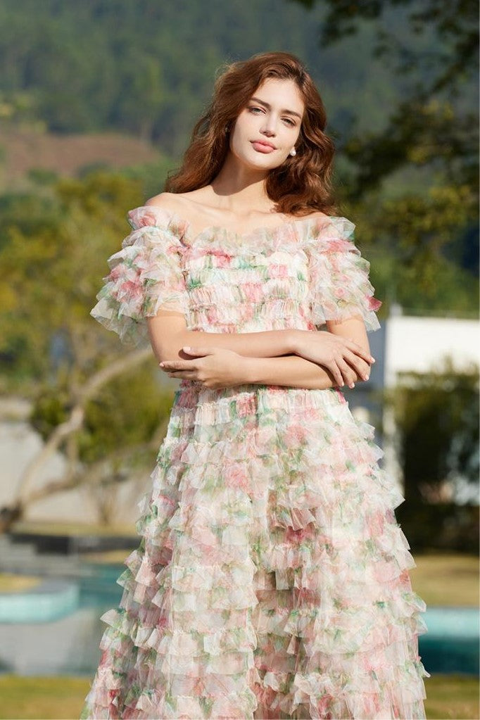 Frill Off-shoulder Midi Dress