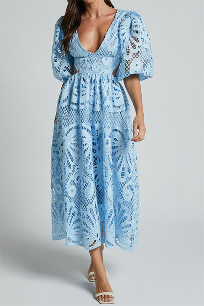 Lace V-neck Cut-out Midi Dress Blue