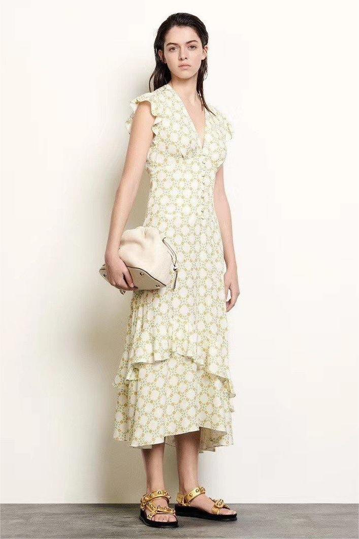Jacquard V-neck Ruffle Midi Dress