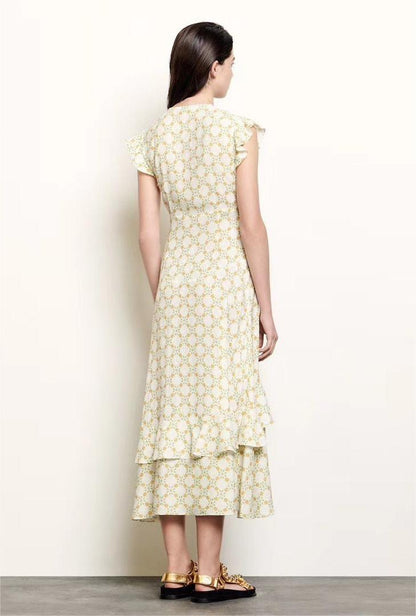 Jacquard V-neck Ruffle Midi Dress