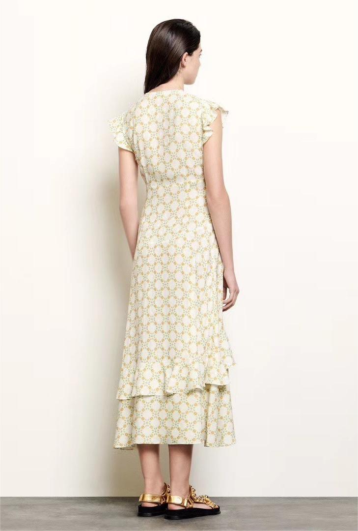 Jacquard V-neck Ruffle Midi Dress