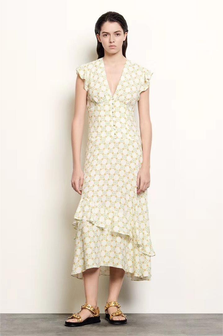 Jacquard V-neck Ruffle Midi Dress