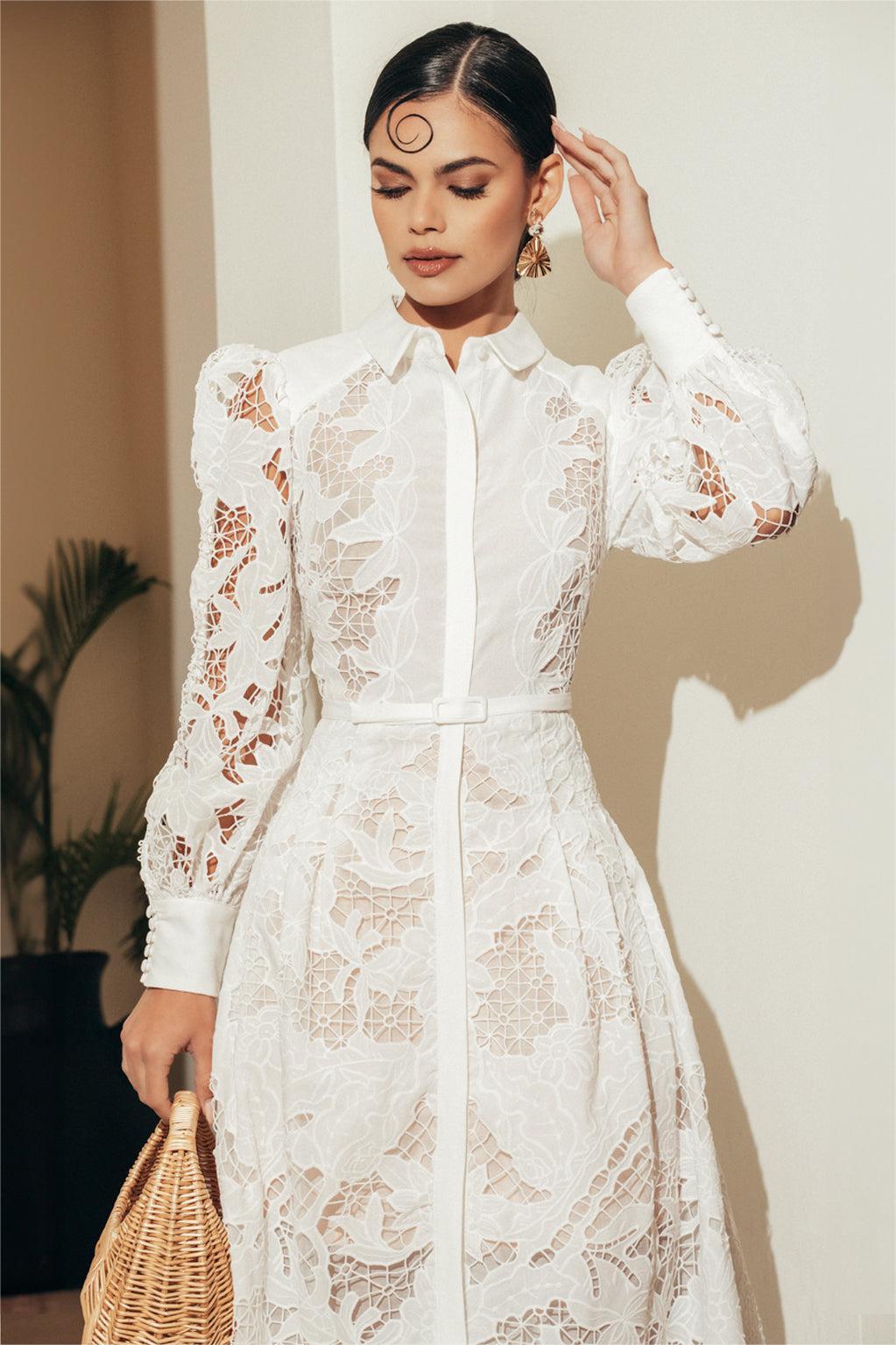 Lace Lantern Sleeve Midi Dress With Belt