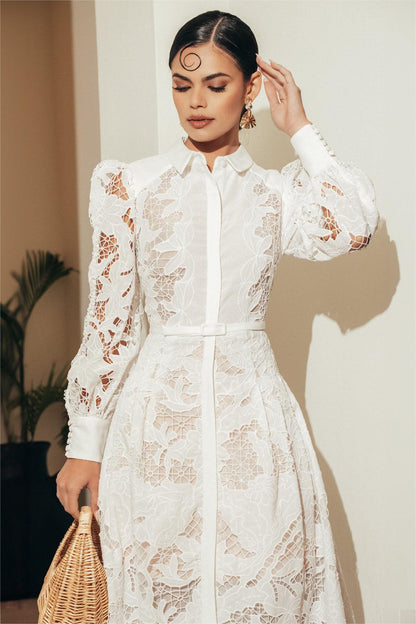 Lace Lantern Sleeve Midi Dress With Belt