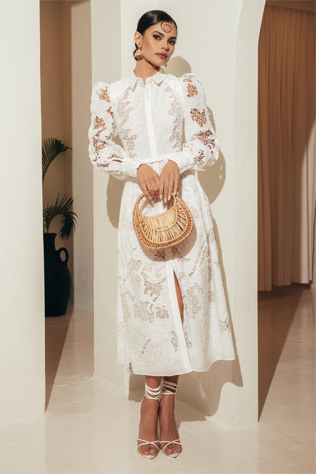 Lace Lantern Sleeve Midi Dress With Belt
