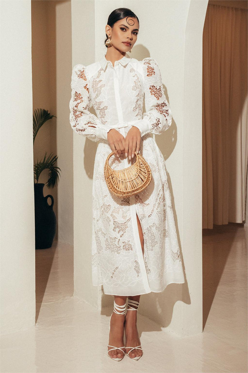 Lace Lantern Sleeve Midi Dress With Belt