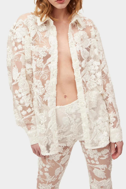 Lace Long Sleeve Top �?lace Mid Waist Pants Set