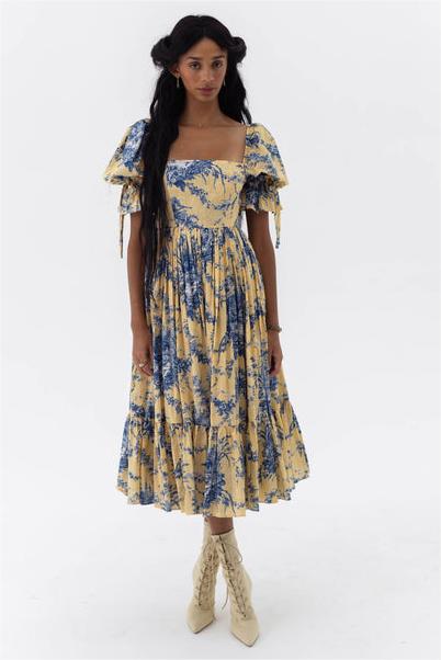 Square Collar Puff Sleeve Midi Dress