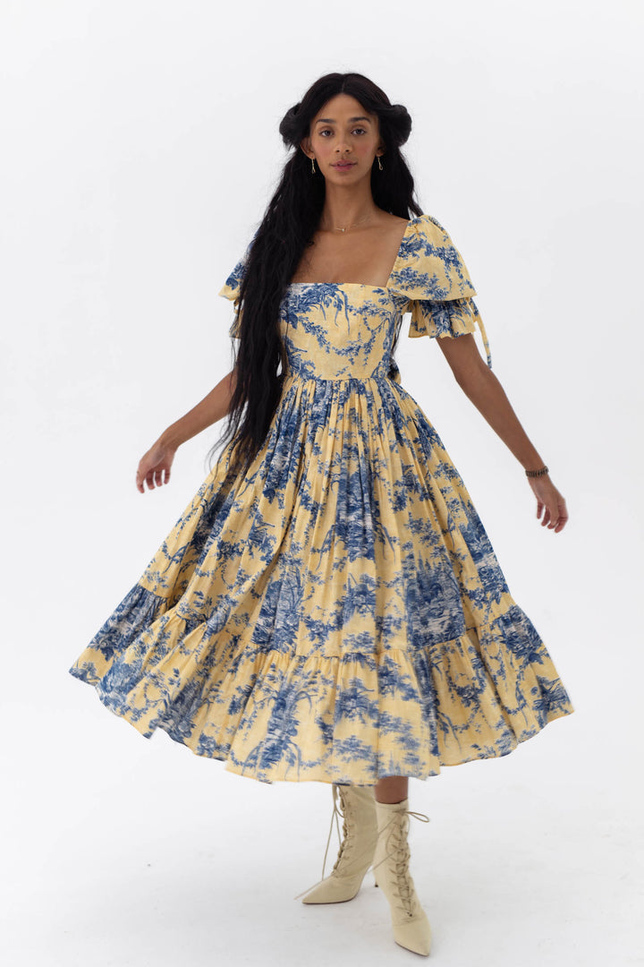 Square Collar Puff Sleeve Midi Dress