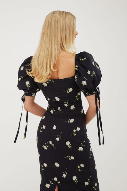 Puff Sleeve Square Neck Midi Dress