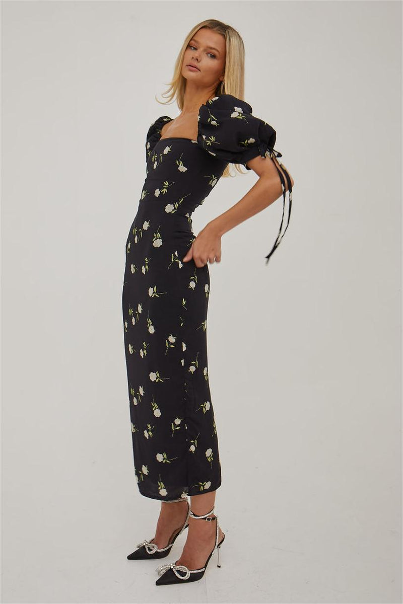 Puff Sleeve Square Neck Midi Dress
