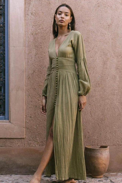 V-neck Lantern Sleeve Button Midi Dress Green