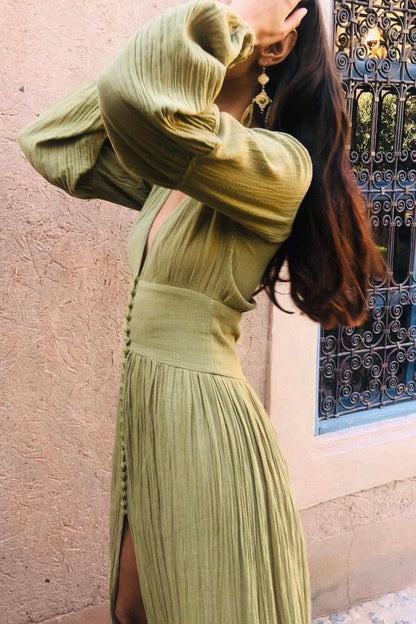 V-neck Lantern Sleeve Button Midi Dress Green